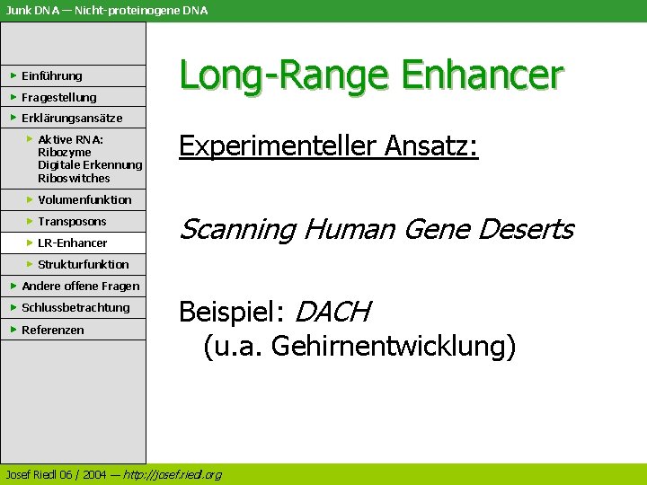 Junk DNA — Nicht-proteinogene DNA Einführung Fragestellung Long-Range Enhancer Erklärungsansätze Aktive RNA: Ribozyme Digitale