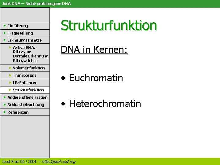 Junk DNA — Nicht-proteinogene DNA Einführung Fragestellung Strukturfunktion Erklärungsansätze Aktive RNA: Ribozyme Digitale Erkennung
