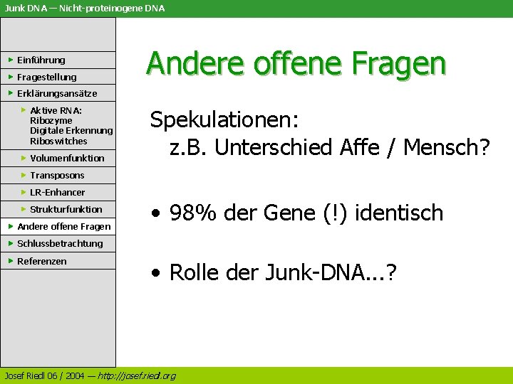 Junk DNA — Nicht-proteinogene DNA Einführung Fragestellung Andere offene Fragen Erklärungsansätze Aktive RNA: Ribozyme