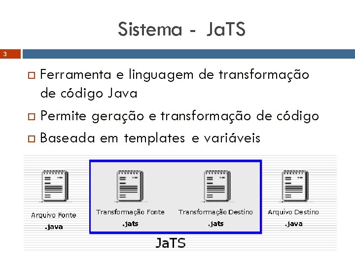 Sistema - Ja. TS 3 Ferramenta e linguagem de transformação de código Java Permite