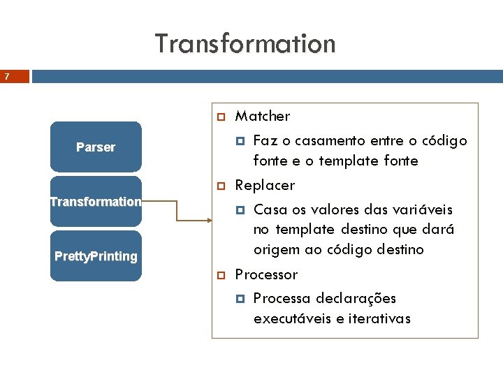 Transformation 7 Parser Transformation Pretty. Printing Matcher Faz o casamento entre o código fonte