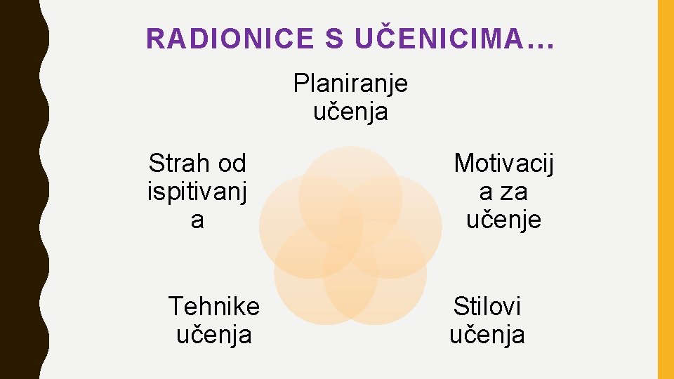 RADIONICE S UČENICIMA… Planiranje učenja Strah od ispitivanj a Tehnike učenja Motivacij a za