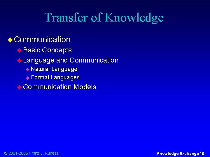 Transfer of Knowledge u Communication u Basic Concepts u Language and Communication Natural Language