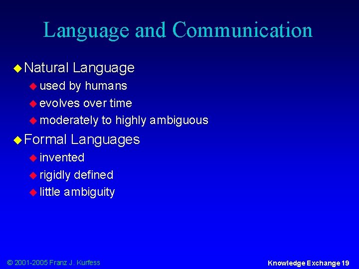 Language and Communication u Natural Language u used by humans u evolves over time