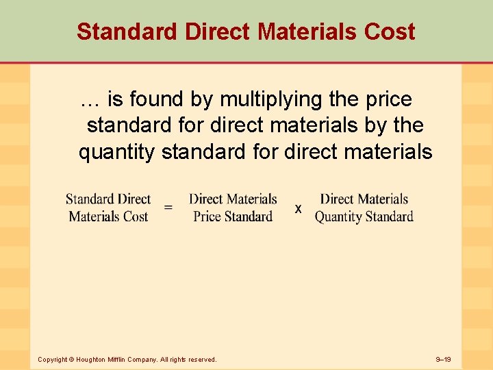 Standard Direct Materials Cost … is found by multiplying the price standard for direct