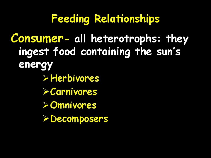 Feeding Relationships Consumer- all heterotrophs: they ingest food containing the sun’s energy ØHerbivores ØCarnivores