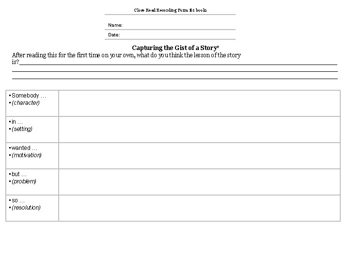 Close Read Recording Form for book: Name: Date: Capturing the Gist of a Story*