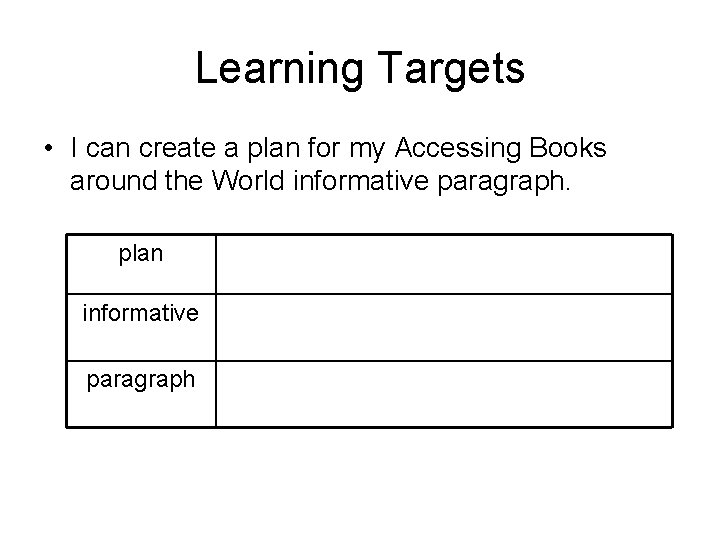 Learning Targets • I can create a plan for my Accessing Books around the