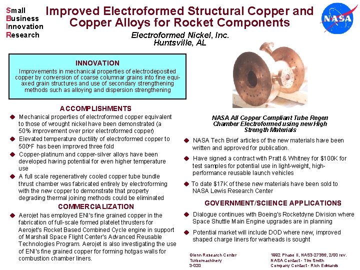 Small Business Innovation Research Improved Electroformed Structural Copper and Copper Alloys for Rocket Components
