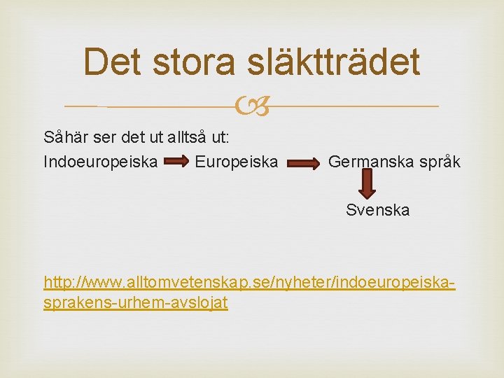 Det stora släktträdet Såhär ser det ut alltså ut: Indoeuropeiska Europeiska Germanska språk Svenska