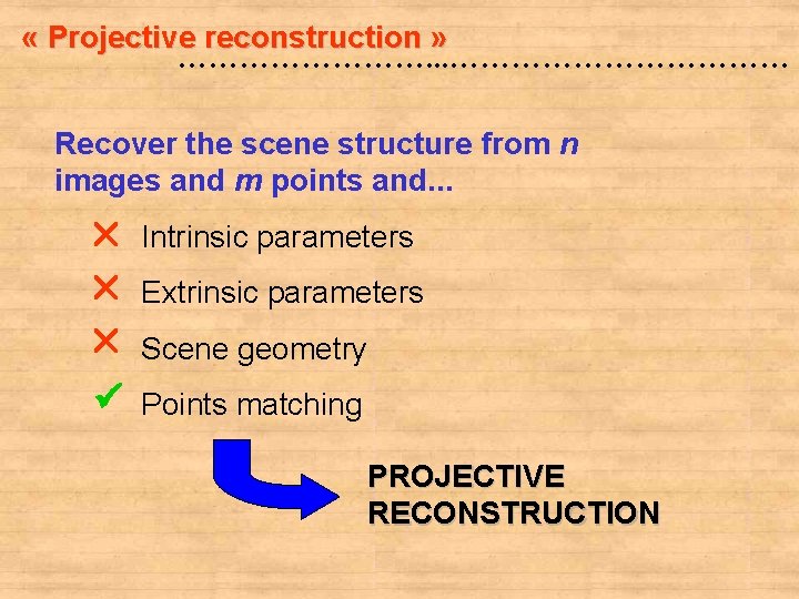  « Projective reconstruction » …………. . . ……………… Recover the scene structure from