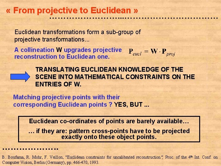  « From projective to Euclidean » …………. . . ……………… Euclidean transformations form