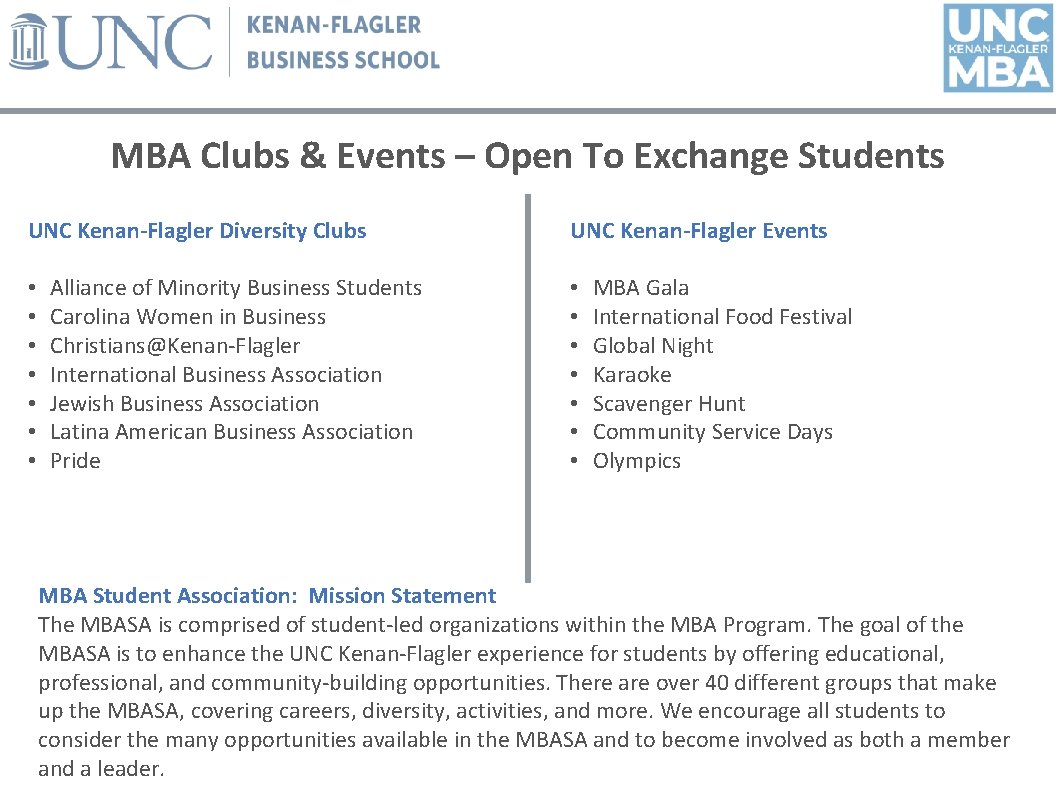 MBA Clubs & Events – Open To Exchange Students UNC Kenan-Flagler Diversity Clubs •