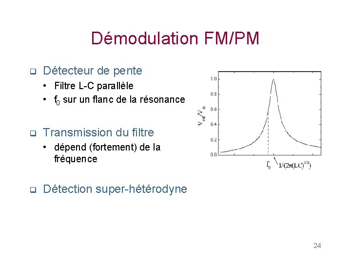 Démodulation FM/PM q Détecteur de pente • Filtre L-C parallèle • f 0 sur