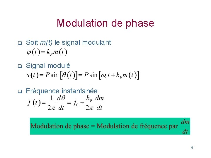 Modulation de phase q Soit m(t) le signal modulant q Signal modulé q Fréquence
