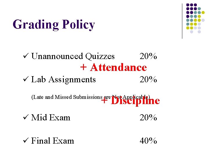 Grading Policy ü Unannounced Quizzes 20% ü Lab Assignments 20% + Attendance (Late and