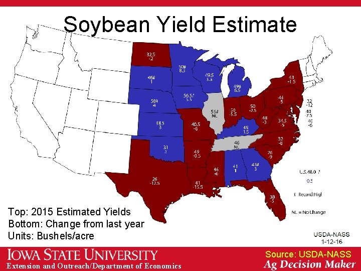 Soybean Yield Estimate Top: 2015 Estimated Yields Bottom: Change from last year Units: Bushels/acre
