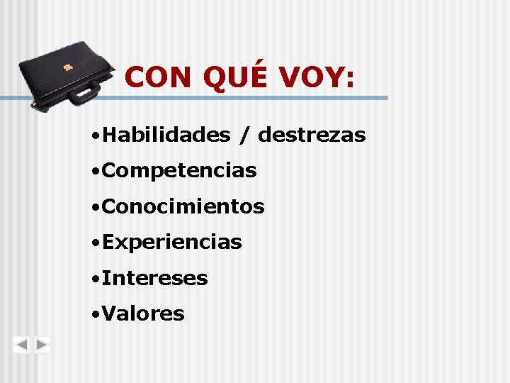 CON QUÉ VOY: • Habilidades / destrezas • Competencias • Conocimientos • Experiencias •