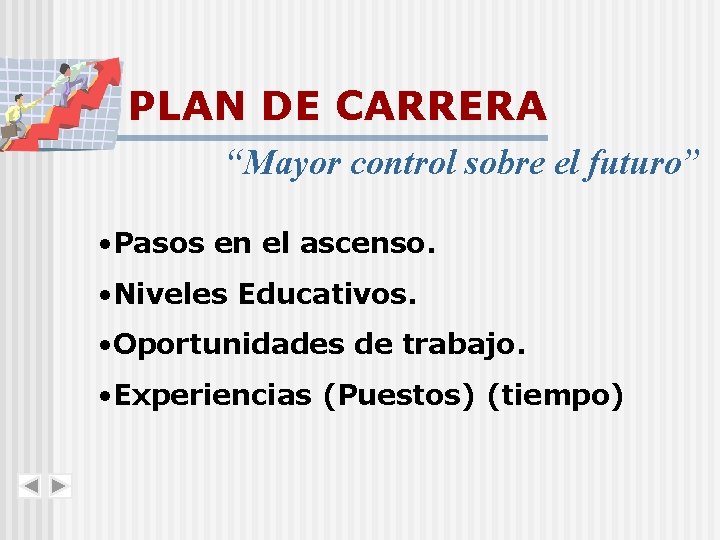 PLAN DE CARRERA “Mayor control sobre el futuro” • Pasos en el ascenso. •