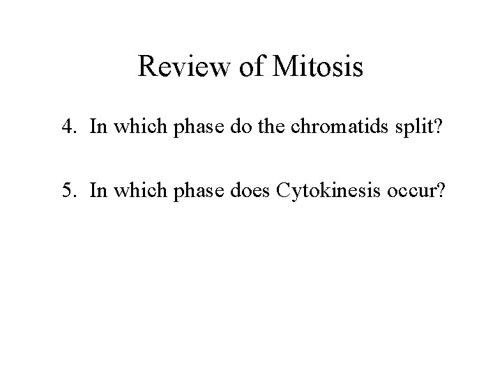 Review of Mitosis 4. In which phase do the chromatids split? 5. In which