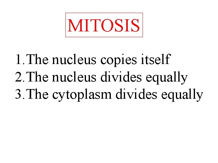MITOSIS 1. The nucleus copies itself 2. The nucleus divides equally 3. The cytoplasm