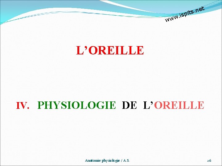 et n. s t pi w. is ww L’OREILLE IV. PHYSIOLOGIE DE L’OREILLE Anatomie