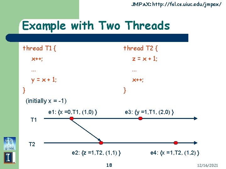 JMPa. X: http: //fsl. cs. uiuc. edu/jmpax/ Example with Two Threads thread T 1