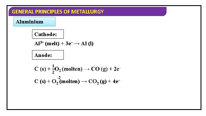 GENERAL PRINCIPLES OF METALLURGY Aluminium Cathode: Al 3+ (melt) + 3 e– → Al