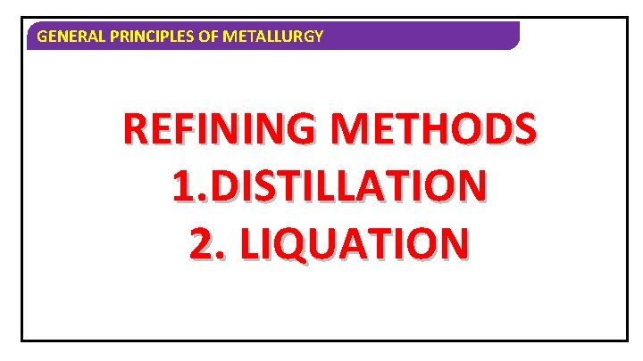 GENERAL PRINCIPLES OF METALLURGY REFINING METHODS 1. DISTILLATION 2. LIQUATION 