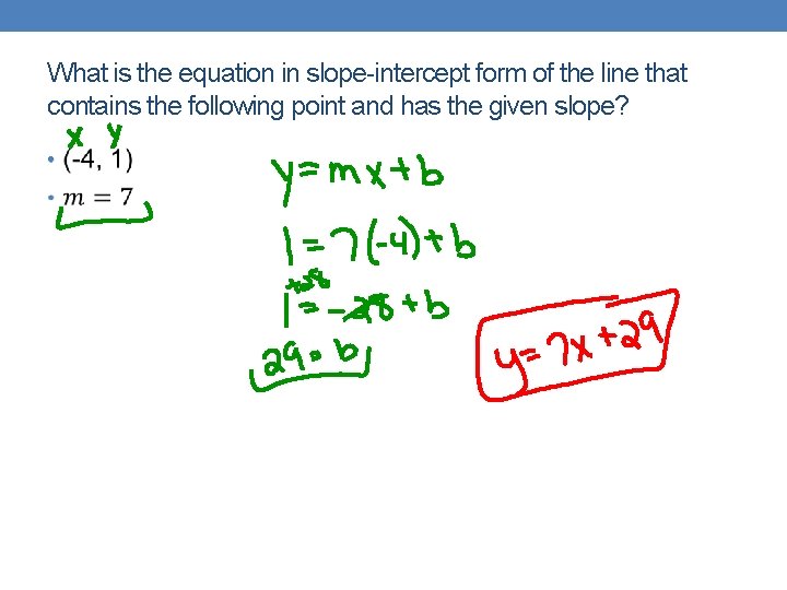 What is the equation in slope-intercept form of the line that contains the following What is the equation in slope-intercept form of the line that contains the following