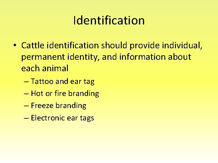 Identification • Cattle identification should provide individual, permanent identity, and information about each animal