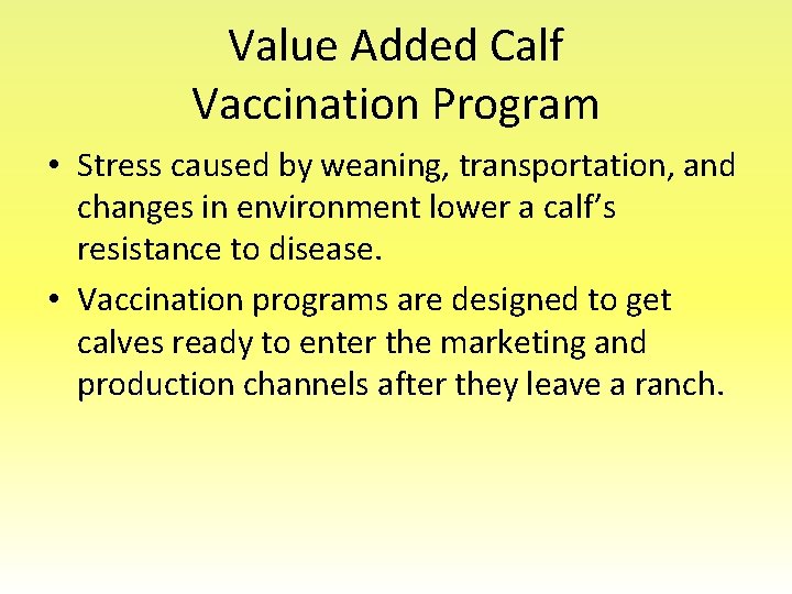 Value Added Calf Vaccination Program • Stress caused by weaning, transportation, and changes in