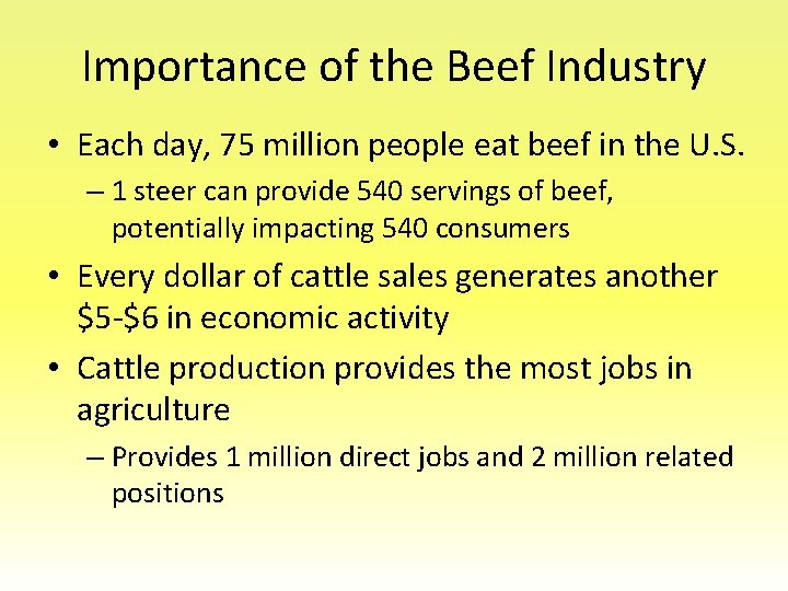 Importance of the Beef Industry • Each day, 75 million people eat beef in