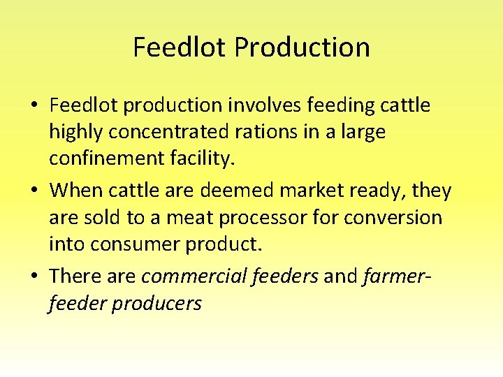 Feedlot Production • Feedlot production involves feeding cattle highly concentrated rations in a large