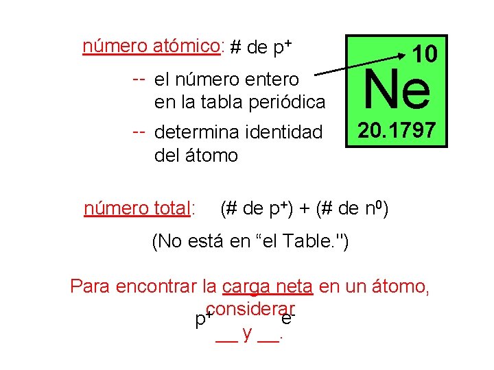 número atómico: # de p+ -- el número entero en la tabla periódica --