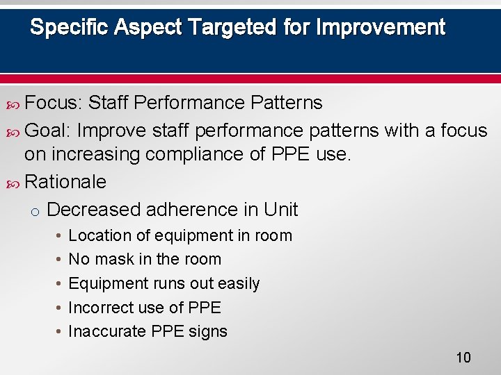 Specific Aspect Targeted for Improvement Focus: Staff Performance Patterns Goal: Improve staff performance patterns