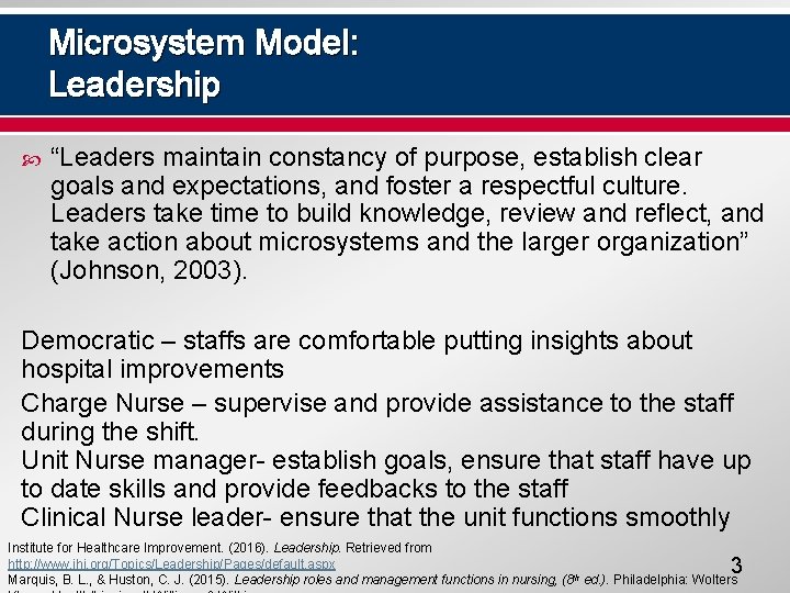 Microsystem Model: Leadership “Leaders maintain constancy of purpose, establish clear goals and expectations, and