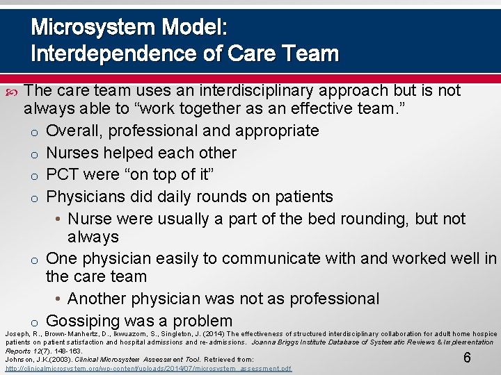 Microsystem Model: Interdependence of Care Team The care team uses an interdisciplinary approach but