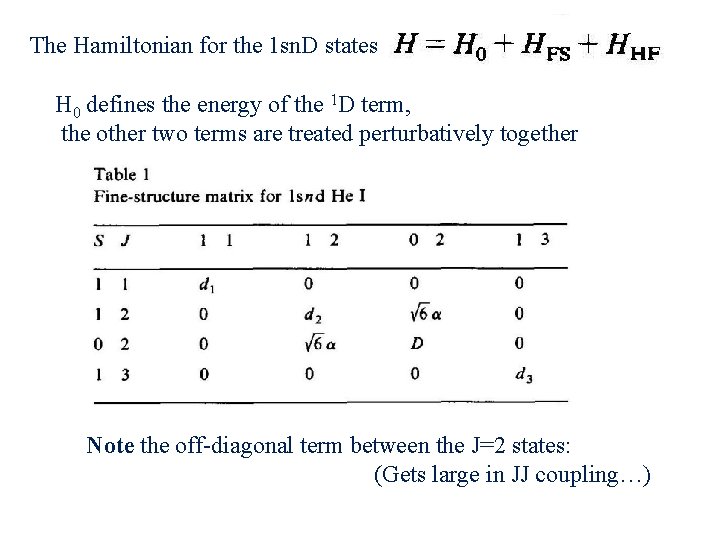 The Hamiltonian for the 1 sn. D states H 0 defines the energy of