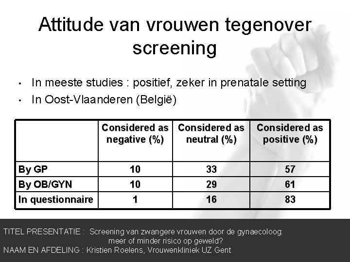 Attitude van vrouwen tegenover screening • • In meeste studies : positief, zeker in