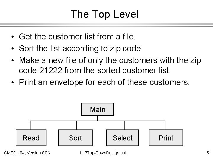 The Top Level • Get the customer list from a file. • Sort the