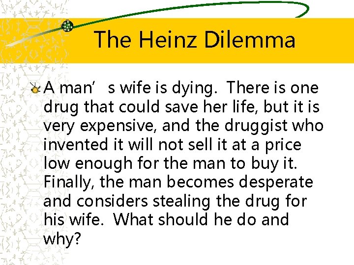 The Heinz Dilemma A man’s wife is dying. There is one drug that could