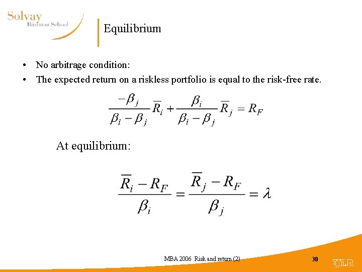 Equilibrium • No arbitrage condition: • The expected return on a riskless portfolio is