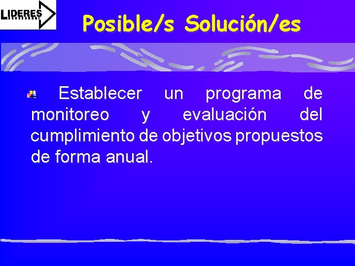 Posible/s Solución/es Establecer un programa de monitoreo y evaluación del cumplimiento de objetivos propuestos