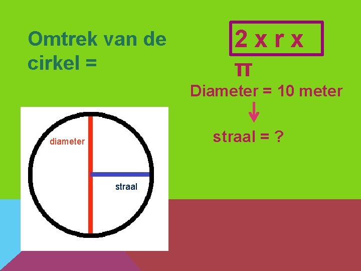 Omtrek van de cirkel = 2 xrx π Diameter = 10 meter straal =