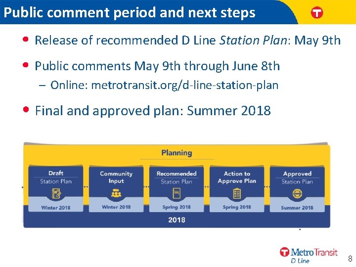 Public comment period and next steps • Release of recommended D Line Station Plan: