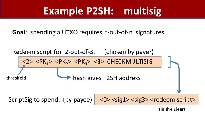 Example P 2 SH: multisig Goal: spending a UTXO requires t-out-of-n signatures Redeem script