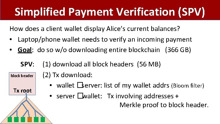 Simplified Payment Verification (SPV) How does a client wallet display Alice’s current balances? •