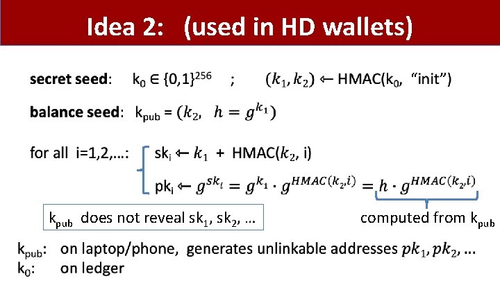 Idea 2: (used in HD wallets) • kpub does not reveal sk 1, sk