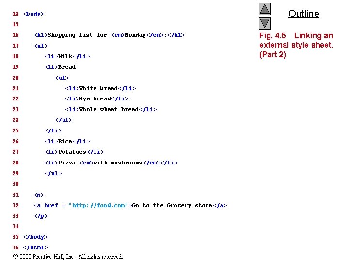 Outline 14 <body> 15 16 <h 1>Shopping list for <em>Monday</em>: </h 1> 17 <ul>